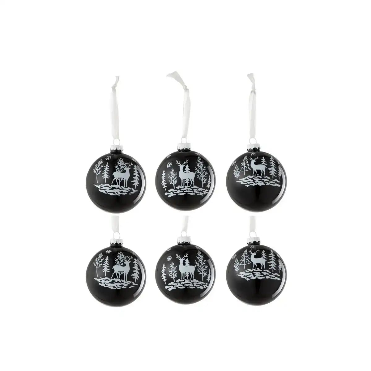 J-Line Box mit 6 Weihnachtskugeln 2+2+2 Rentier, Glas, Schwarz/Weiß