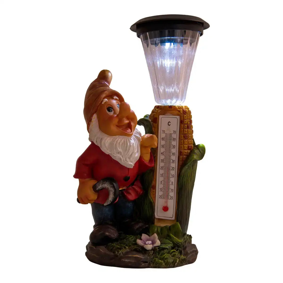 LED Deko Solarleuchte "Zwerg" mit Thermometer aus bemaltem Polyresin, ca 26 cm hoch und mit fest verbauten LEDs ausgestattet