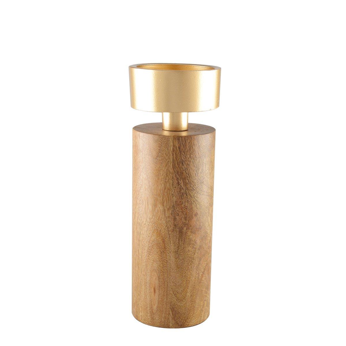 KERZENHALTER AUS HOLZ & GOLD METALL 23CM