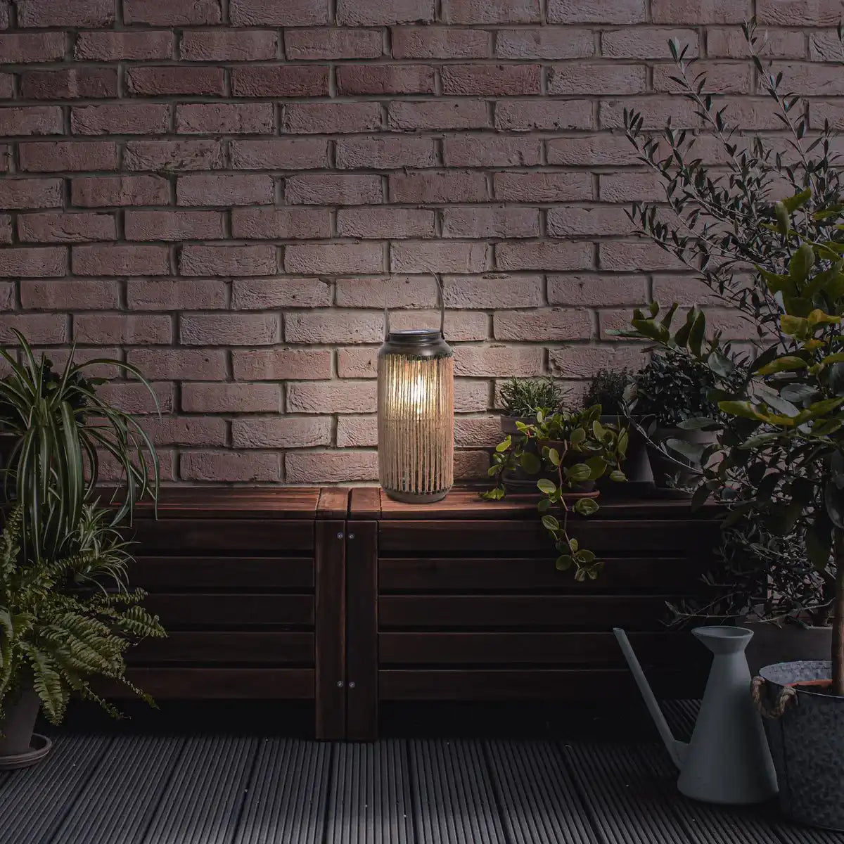 LED Solarleuchte "Korbinian" für Garten und Terrasse, Dekolampe aus Metall mit Jutebespannung in natur, LEDs fest verbaut Solarlampe für Außen 29 x 13 cm