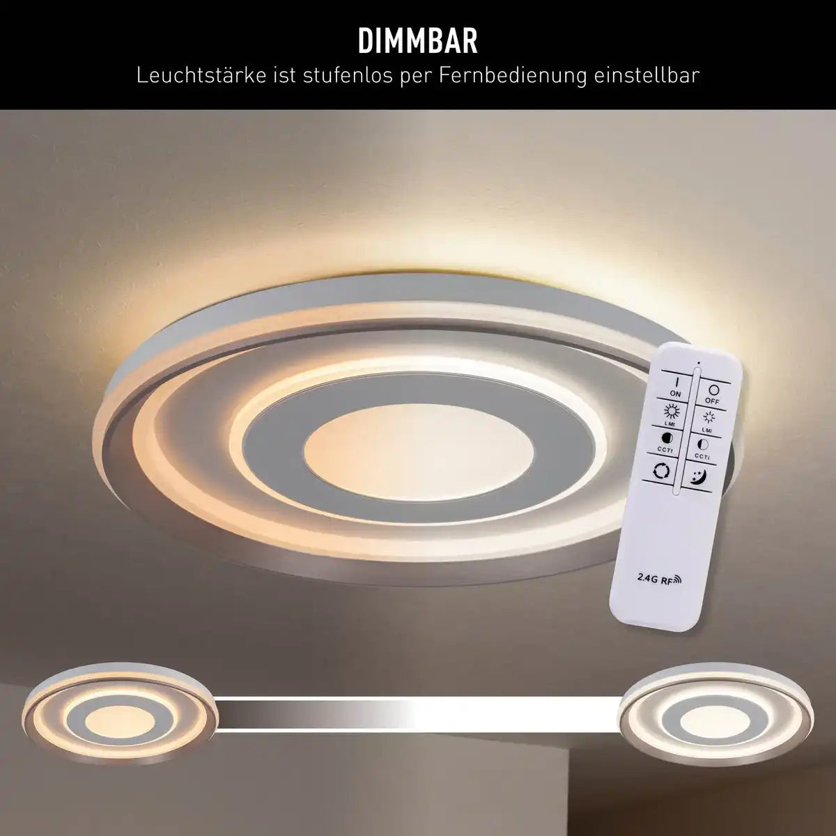 LED Deckenleuchte "DOIRA" Ø 50,5 cm, 7,5 cm hoch, Metall und Kunststoff in Silber und Weiß, integrierte LEDs, 3600 lm helles Licht, dimmbar, CCT-Funktion 3000-6500 K, Nachtlichtfunktion