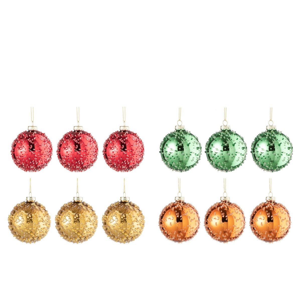 J-Line Box mit 12 Weihnachtskugeln, 3+3+3+3 Perlen, Glas, Gold/Rot/Orange/Grün, klein