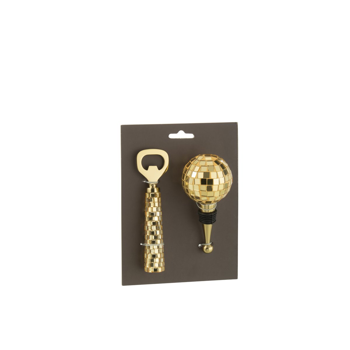 J-Line-Schachtel mit 4 Flaschenöffner + Flaschenstopp Mosaikglas Goldfarbe