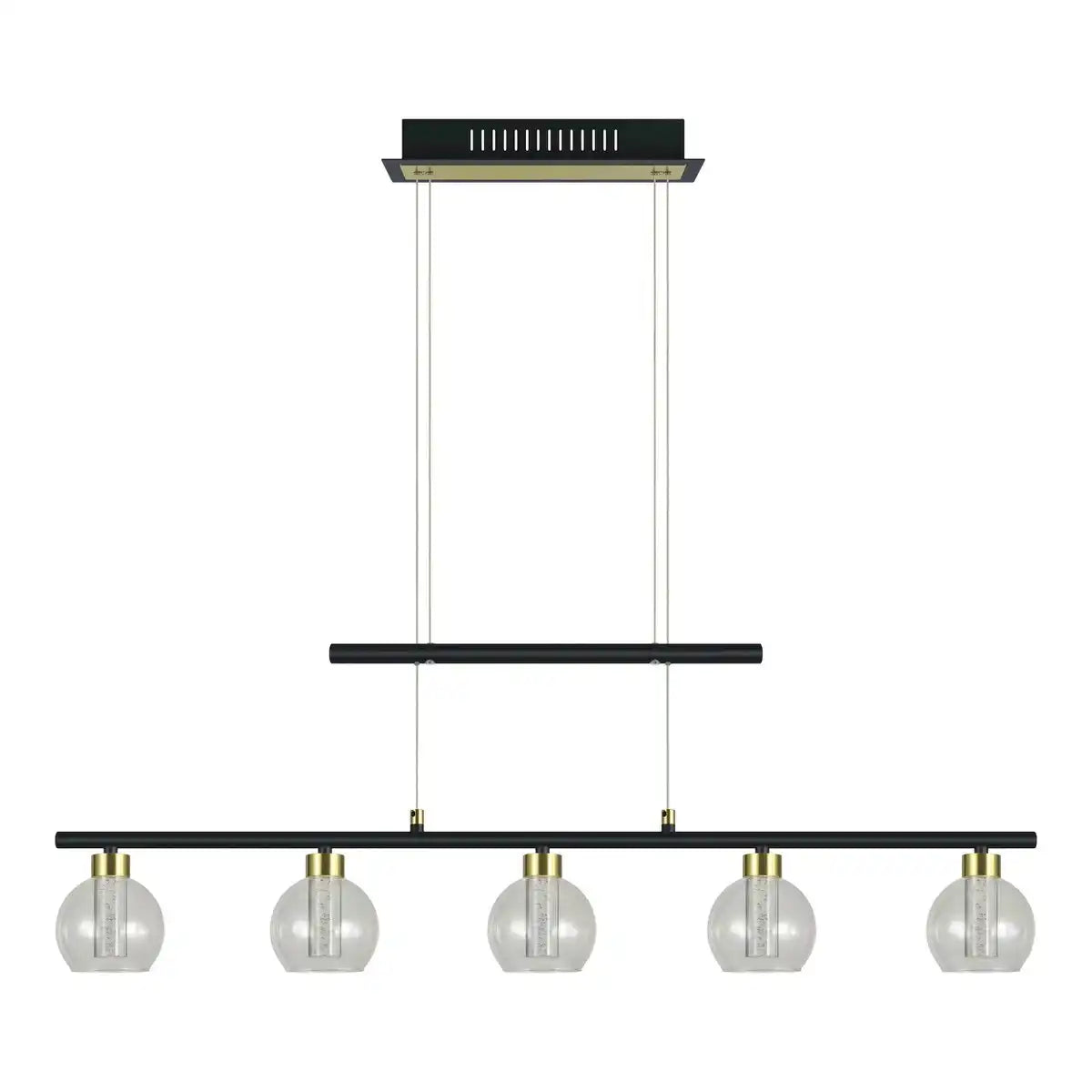 LED Glas-Pendelleuchte "BRASS" schwarz, klassisch, Hängelampe aus schwarzem Metall und Glas, mit fest verbauten LEDs, Beleuchtung für Wohnzimmer, Esszimmer oder Büro, 90 cm lang