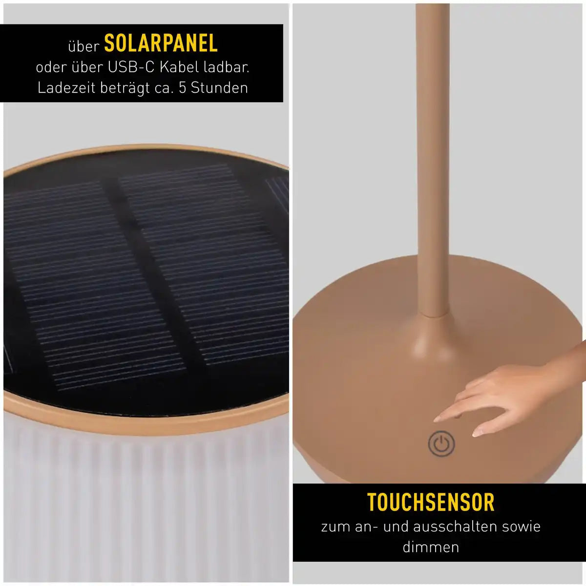 Solar-Akkutischleuchte "EMMI" 38 cm hoch, Schirm Ø 13 cm, Metall in Almond und weißer Kunststoff, für den Außenbereich, dimmbar CCT.