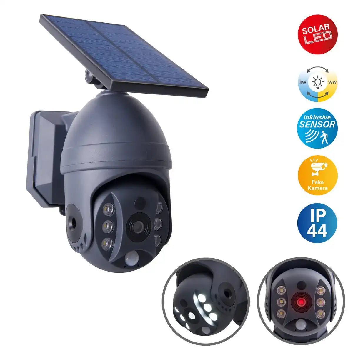 LED Solar Außenwandleuchte "MOHO" mit Bewegungsmelder und Security-Kamera-Attrappe , Wandleuchte aus Kunststoff in Grau, mit integrierter LED