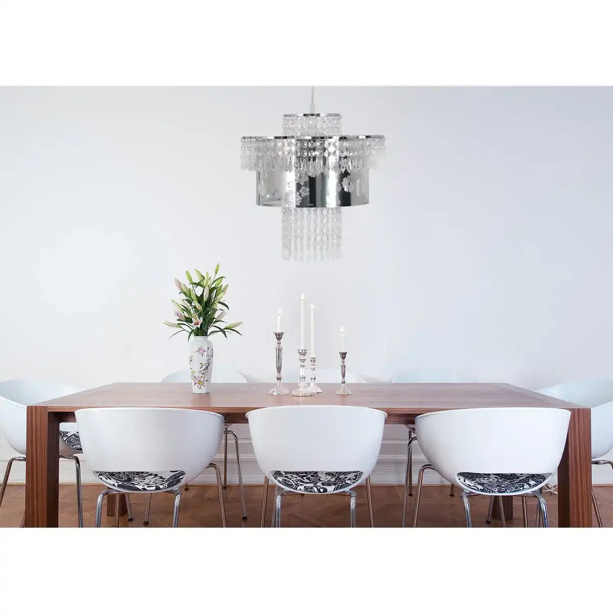 Acryl Pendelleuchte "FANCY" moderner Kronleuchter aus Metall und Kunststoff in Chrom, mit E27-Fassung und einem Øvon 32 cm