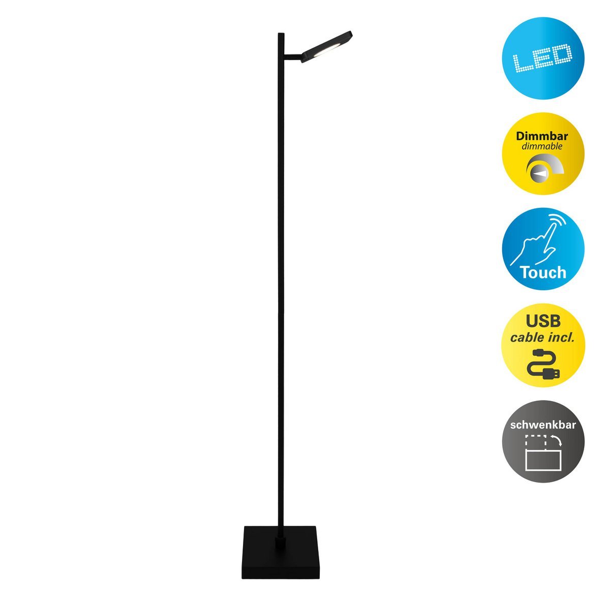 LED Akku-Stehleuchte "LUPA", 135 cm hoch, Aluminium schwarz und Kunststoff, integrierte LEDs, 2400 lm, dimmbar, CCT-Funktion, 3000-6500 K, RGB-Lichtwechsler