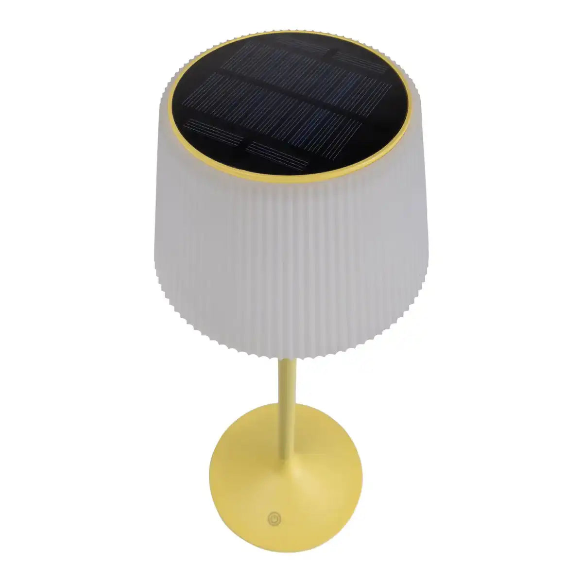 Solar-Akkutischleuchte "EMMI" 38 cm hoch, Schirm Ø 13 cm, Metall in Gelb und weißer Kunststoff, für den Außenbereich, dimmbar CCT.