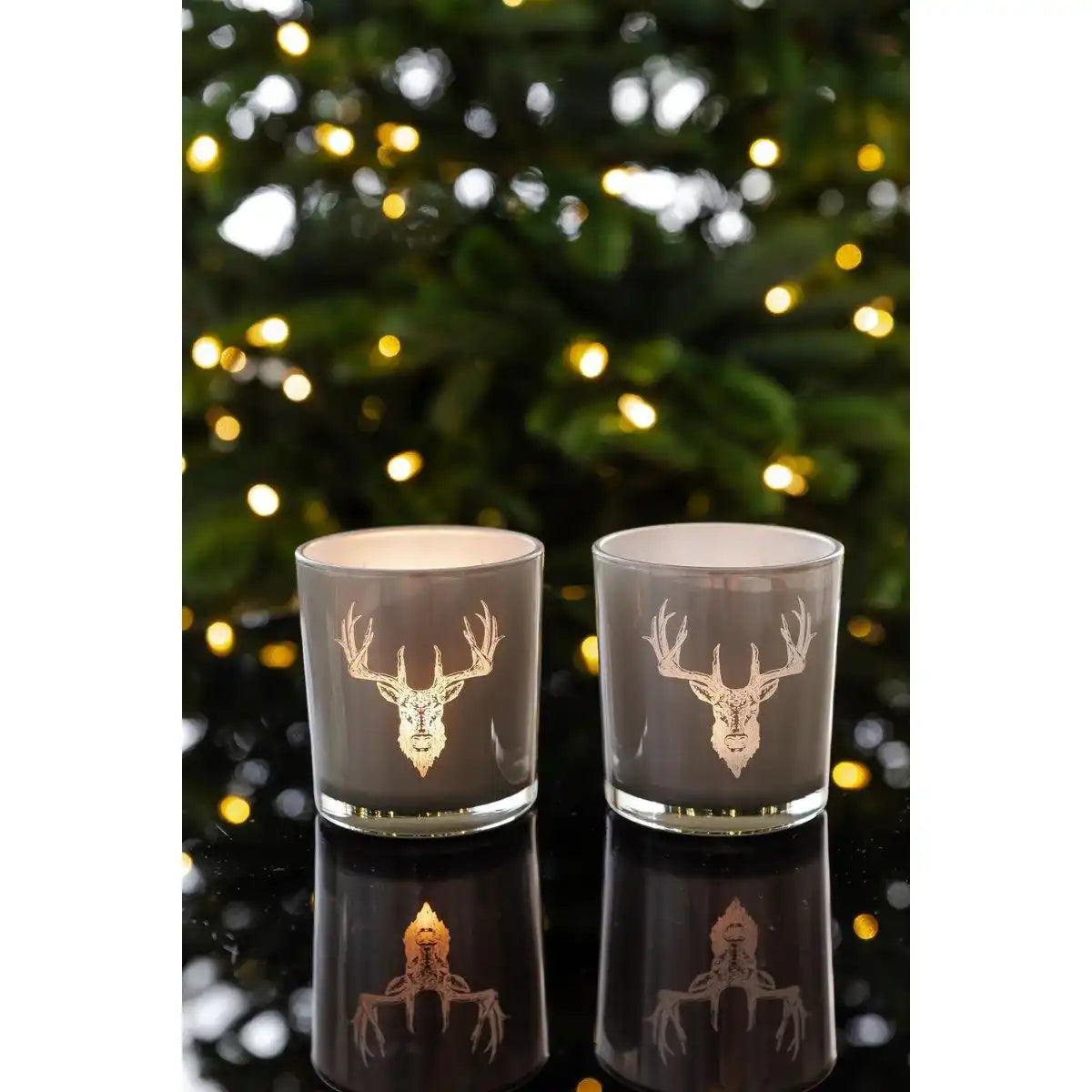 2er-Set Teelichtglas Eto (Höhe 8 cm, Ø 7 cm), grau, Windlicht mit Hirsch-Motiv - HomeDesign Knaus