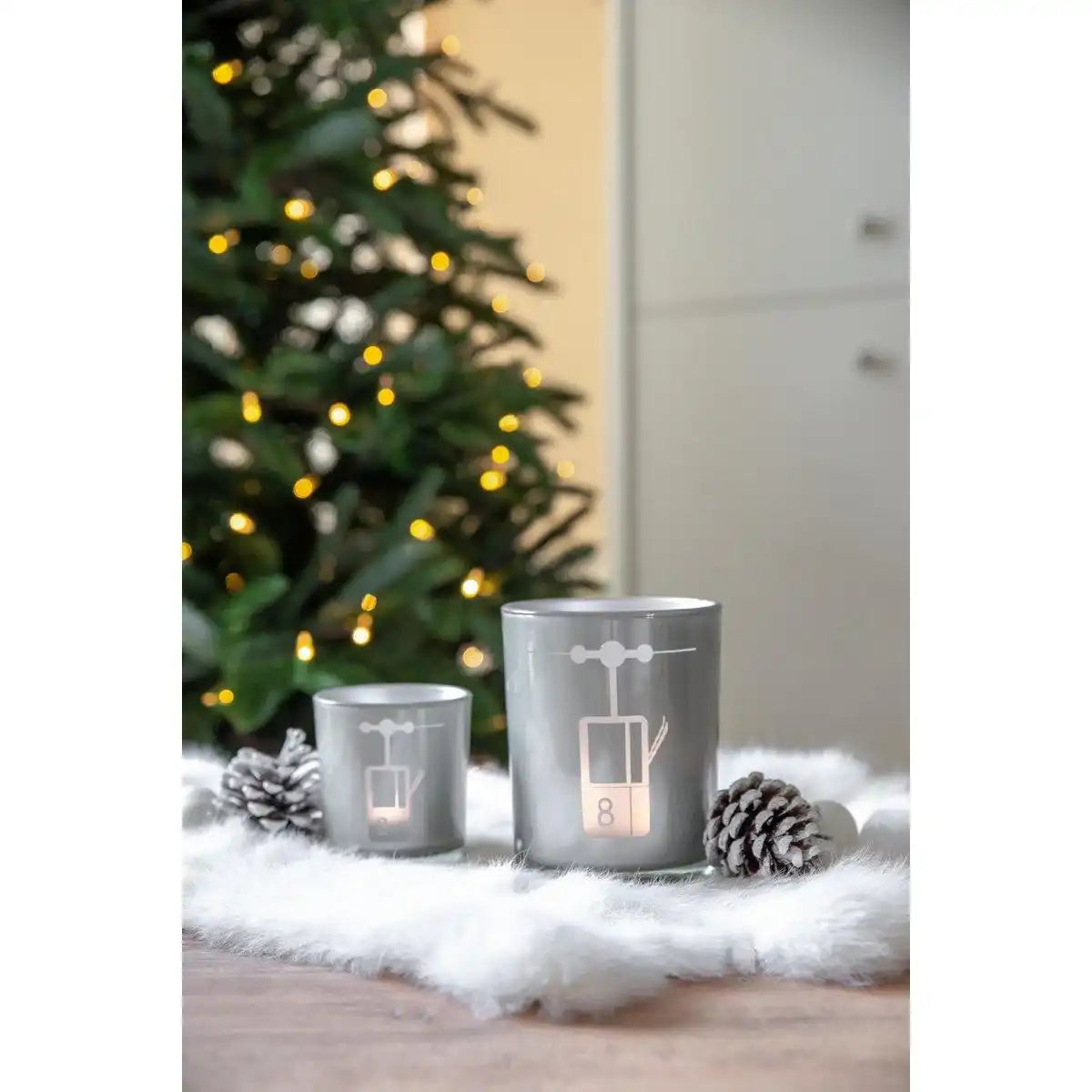 2er-Set Teelichtglas Lift (Höhe 8 cm, ø 7,5 cm) in Grau, Windlicht mit sportlichem Skilift-Motiv - HomeDesign Knaus