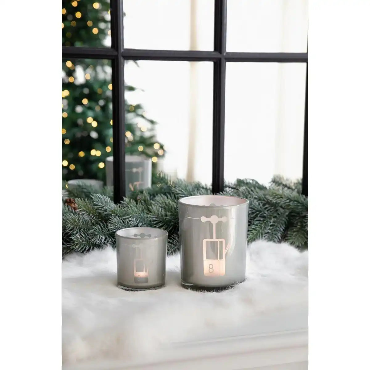 2er-Set Teelichtglas Lift (Höhe 8 cm, ø 7,5 cm) in Grau, Windlicht mit sportlichem Skilift-Motiv - HomeDesign Knaus