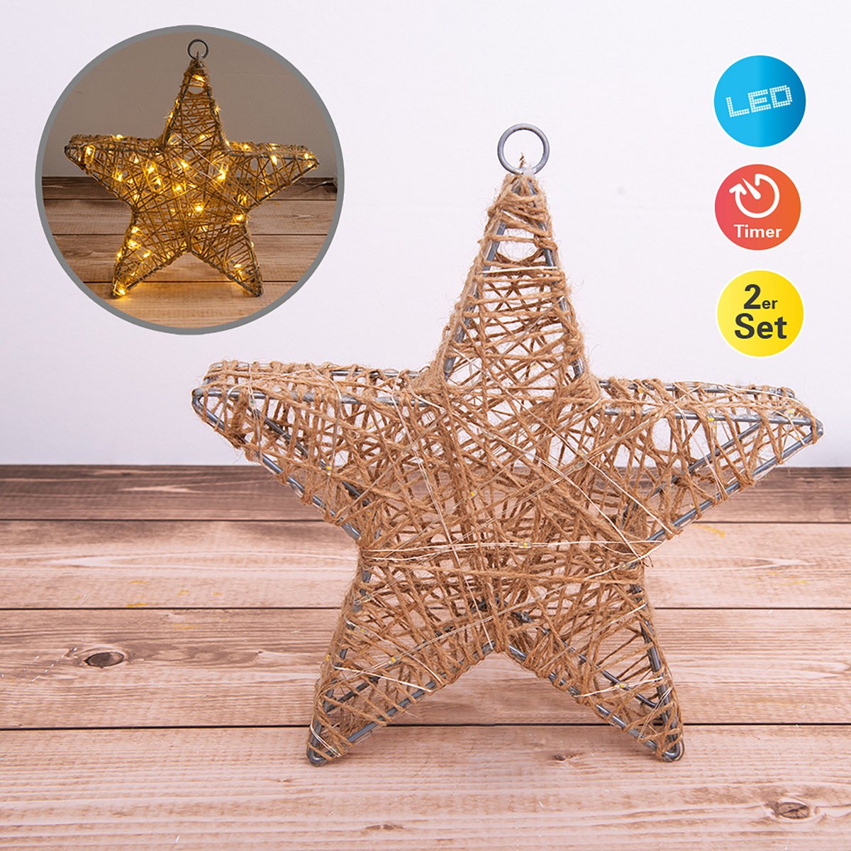 2er-Set LED-Weihnachtsdeko "Metallstern" Ø 25 cm - Weihnachtsdeko aus Metall und Textil in natur, mit fest verbauten LEDs