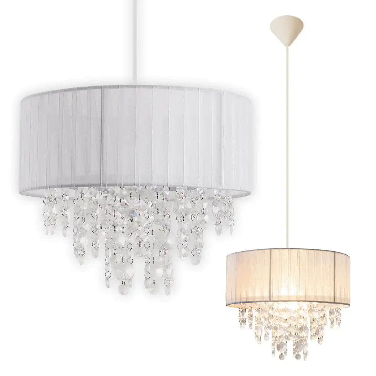 Deko-Pendelleuchte "KRISTALLO", Hängelampe aus Metall, transparentem Kunststoff und weißem Textilmaterial, E27-Fassung, für Esszimmer, Wohnzimmer, Diele oder Büro, 30 cm Durchmesser