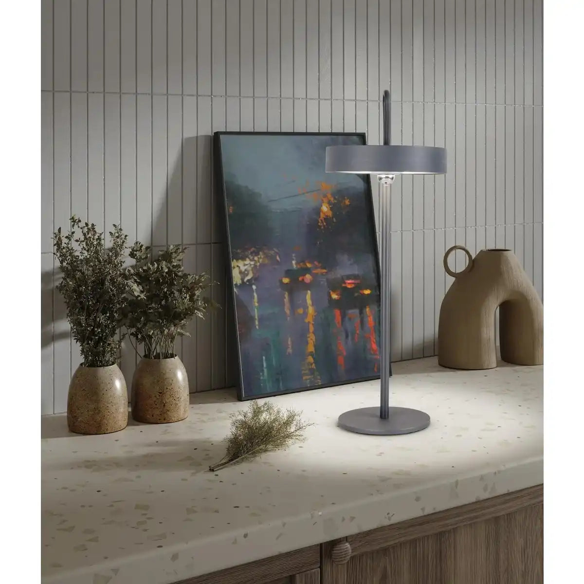 LED-Akku-Tischleuchte magnetisch "ELLA" für Außen und Innen, aus Metall und Kunststoff in Grau , 35 cm hoch