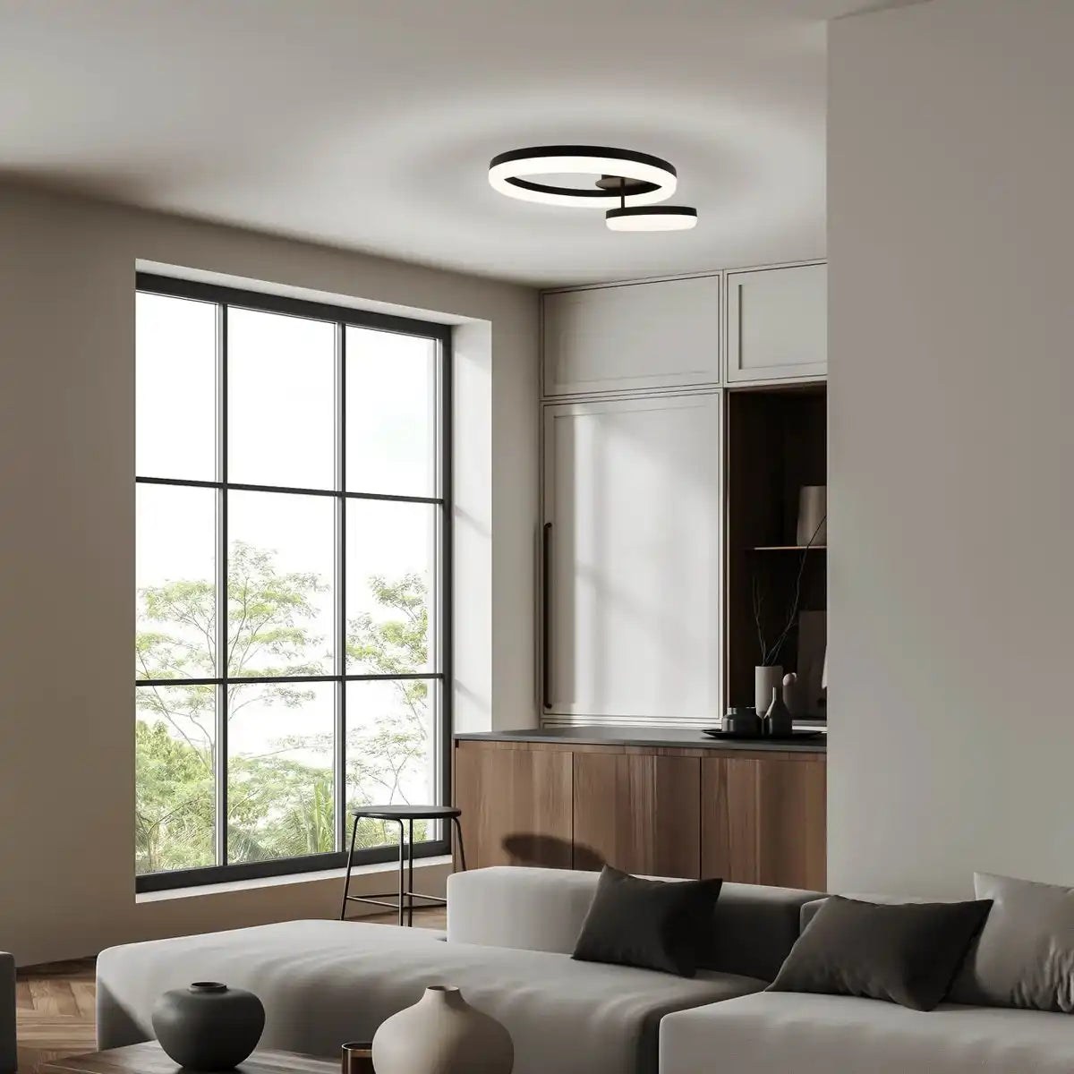LED-CCT-Deckenleuchte "CIRCULO" aus schwarzem Metall und sandfarbenem Kunststoff 53 cm lang