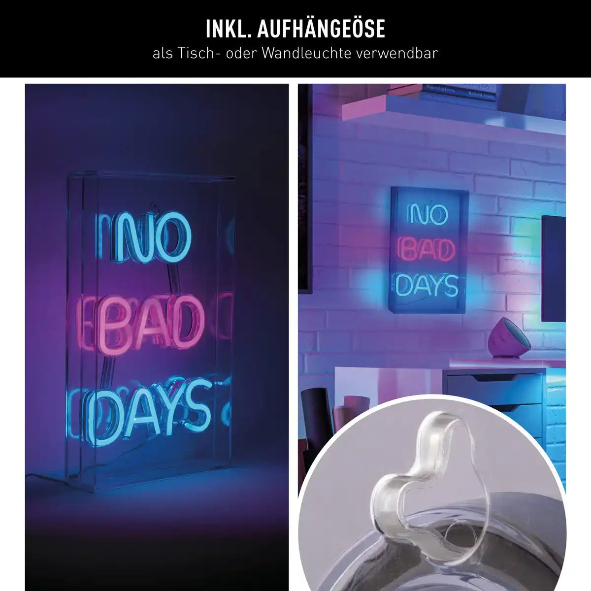 LED Schriftleuchte "NO BAD DAYS" Deko für Innen 30 x 18 cm, in blau und magenta-rot