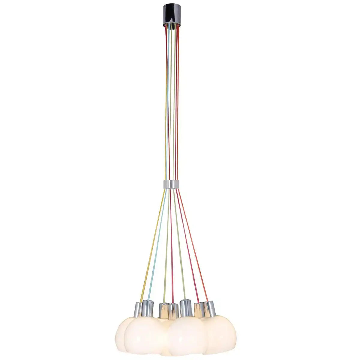 Pendelleuchte "RAINBOW-BOWL" insgesamt 120 cm hoch, 7 Glasschirme Ø 16 cm, aus chromfarbenem Metall, opalweißem Glas und bunten Zuleitungen, E14-Fassungen