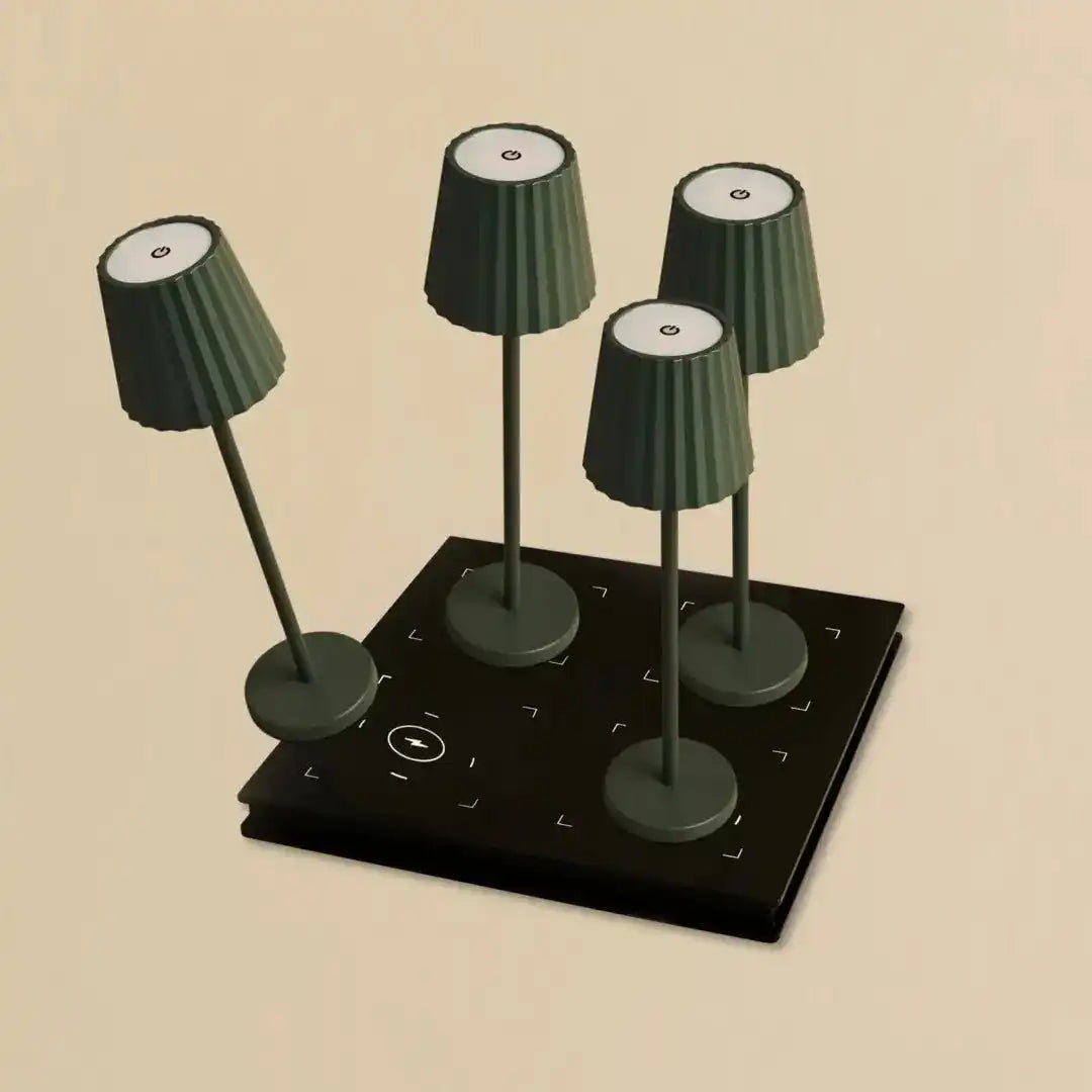Combi Set Professional-4 x Maya Olive Green wiederaufladbare Tischlampen & 1 x Amstel Wireless Ladestation mit Qi-Technologie