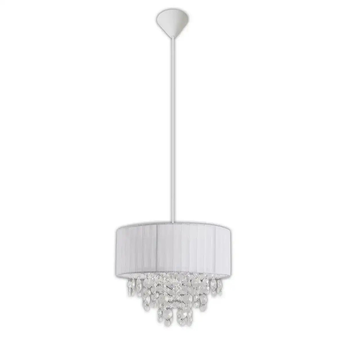 Deko-Pendelleuchte "KRISTALLO", Hängelampe aus Metall, transparentem Kunststoff und weißem Textilmaterial, E27-Fassung, für Esszimmer, Wohnzimmer, Diele oder Büro, 30 cm Durchmesser