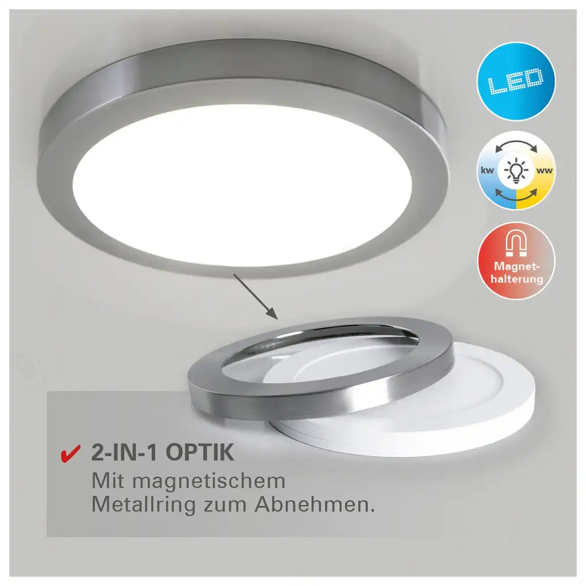 LED Deckenleuchte "BONUS", Funktion, Deckenlampe aus Metall und Kunststoff, Ringe in Chrome und Weiß sind wechselbar, mit fest verbauten LEDs, 22,5 cm Durchmesser