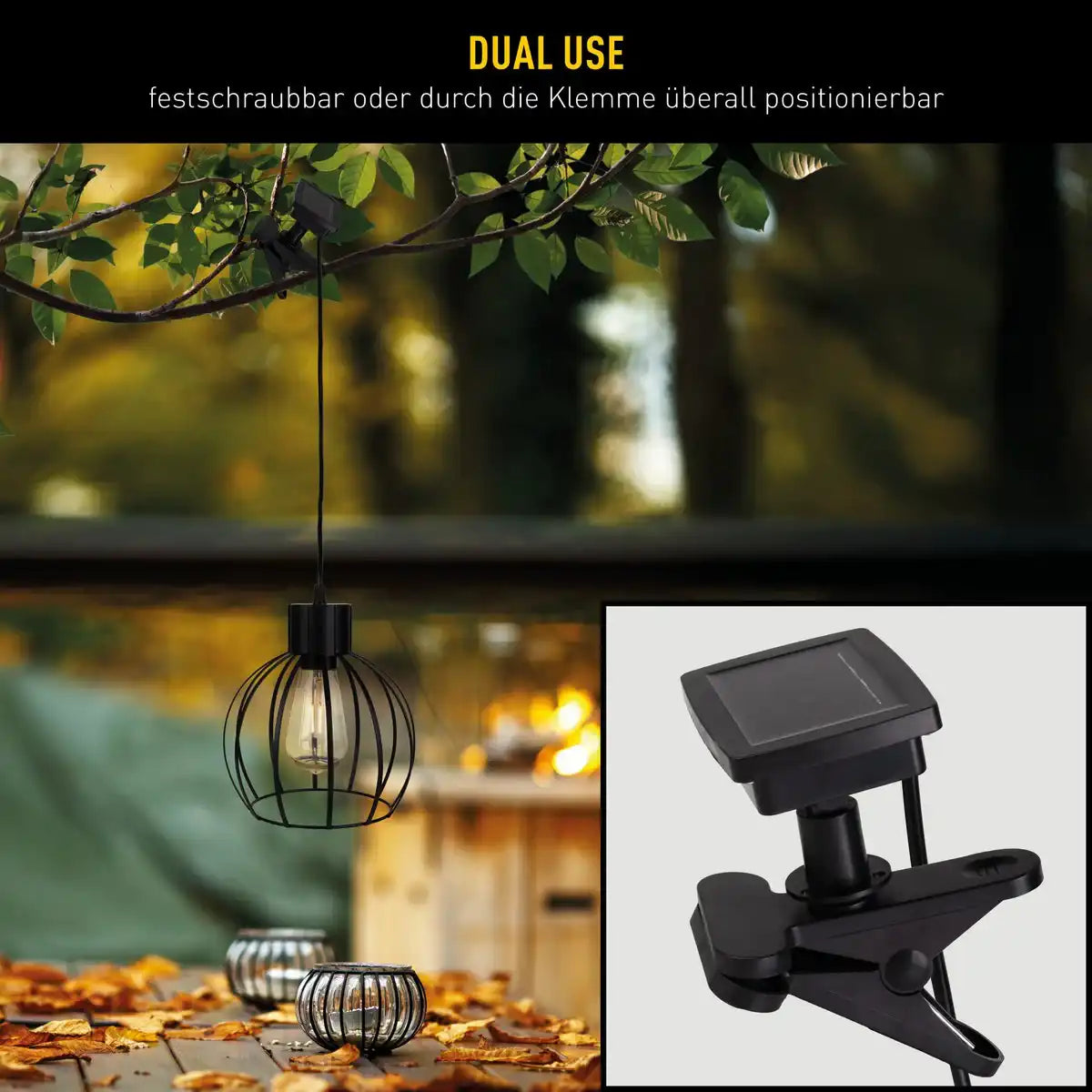 Solar- / Pendelleuchte "Grid" aus schwarzem Metall, Ø 20 cm, inkl. Fest verbautem Leuchtmittel, warmweiß, für den Außenbereich