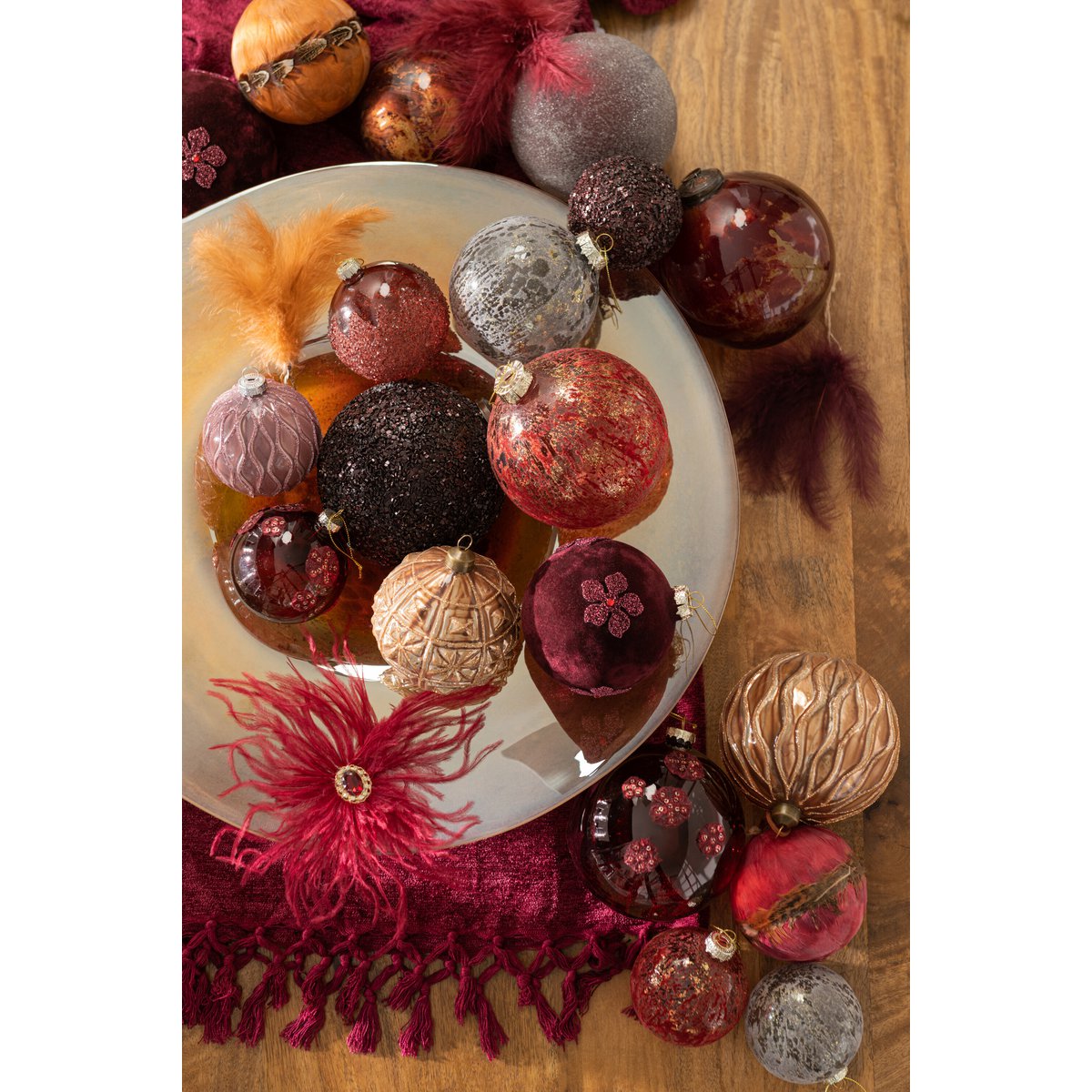 J-Line Weihnachtskugel Blumen – Glas – Burgunderrot – groß – 4er-Box