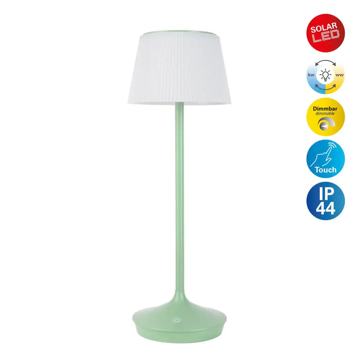 Solar-Akkutischleuchte "EMMI" 38 cm hoch, Schirm Ø 13 cm, Metall in Mint und weißer Kunststoff, für den Außenbereich, dimmbar CCT.