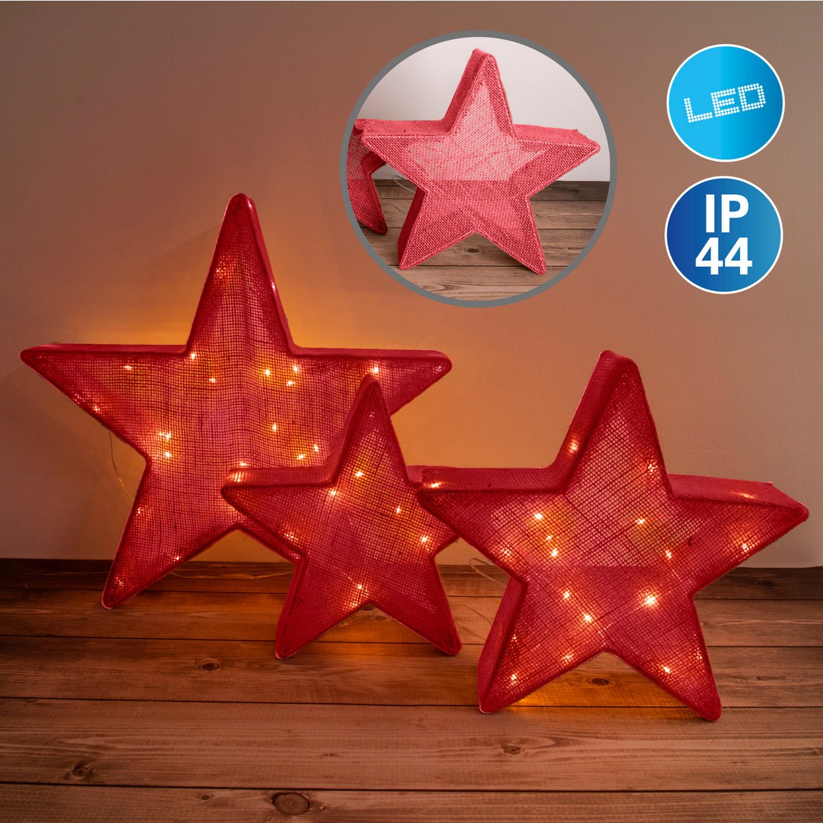 3er-Set LED-Deko-Weihnachtssterne rot