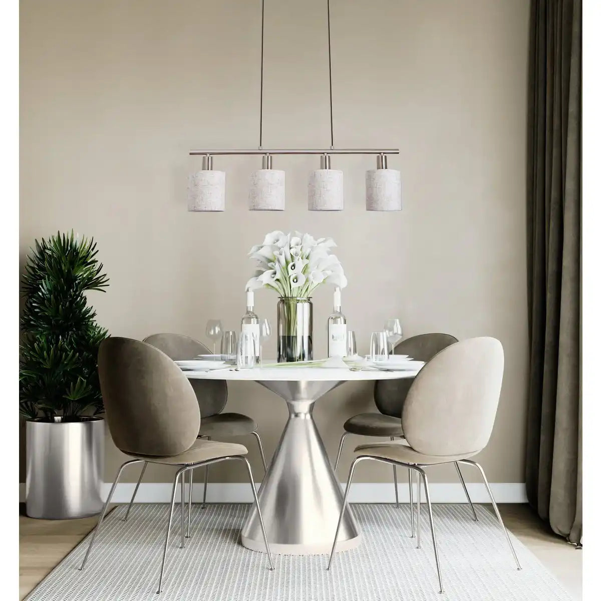 4er Pendelleuchte "MARON" aus Metall satiniert-matt mit Stoffschirmen in Natur, mit E14-Fassung, Lampe für Wohnzimmer oder Esszimmer,71,5 x 12 cm