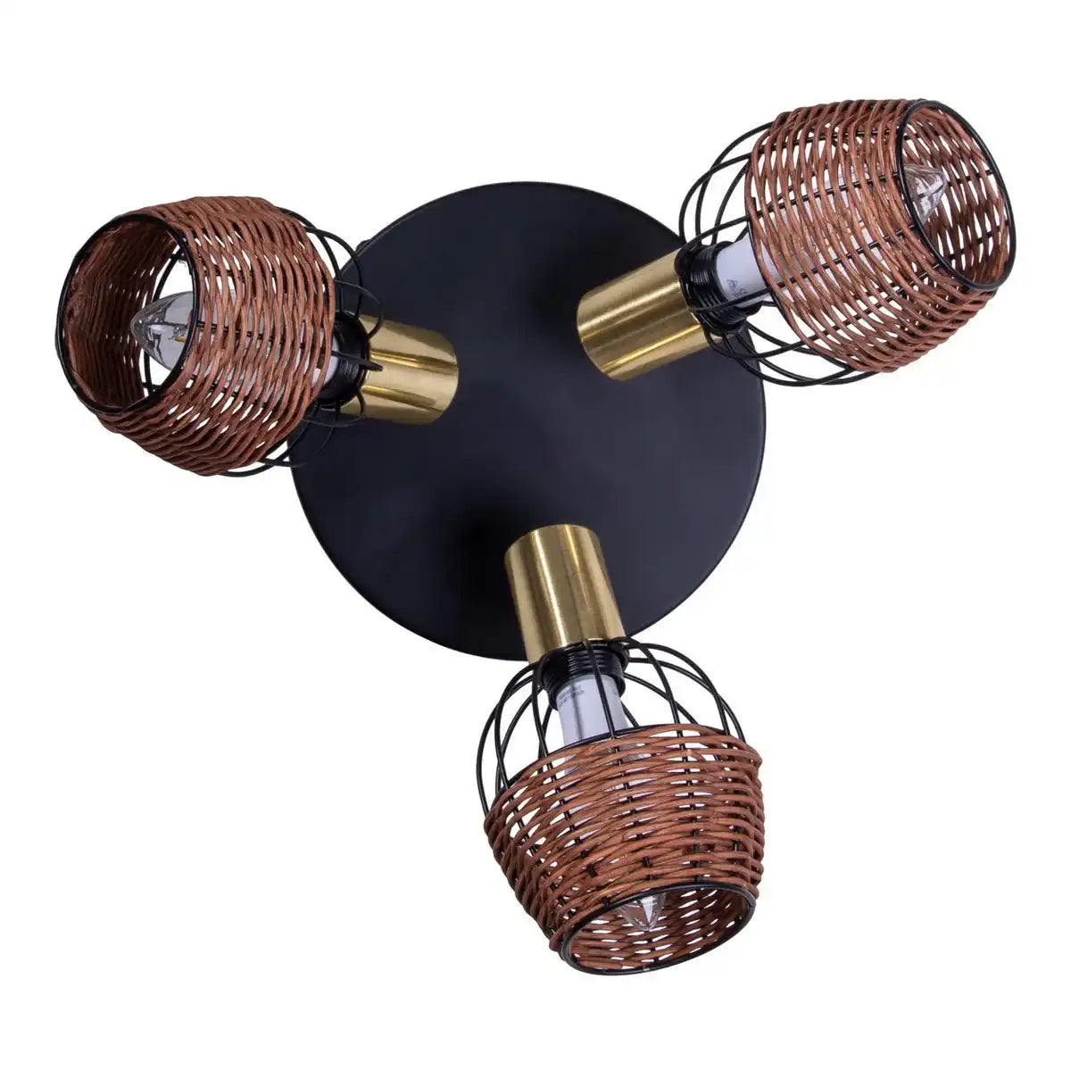 3er Deckenrondell "CORBIS", Spot aus Metall in Schwarz, mit Gold und Rattan, mit E14-Fassung, für Esszimmer, Wohnzimmer, Diele oder Büro, Beleuchtung für Wohnzimmer, Esszimmer oder Büro, 38 cm Durchmesser
