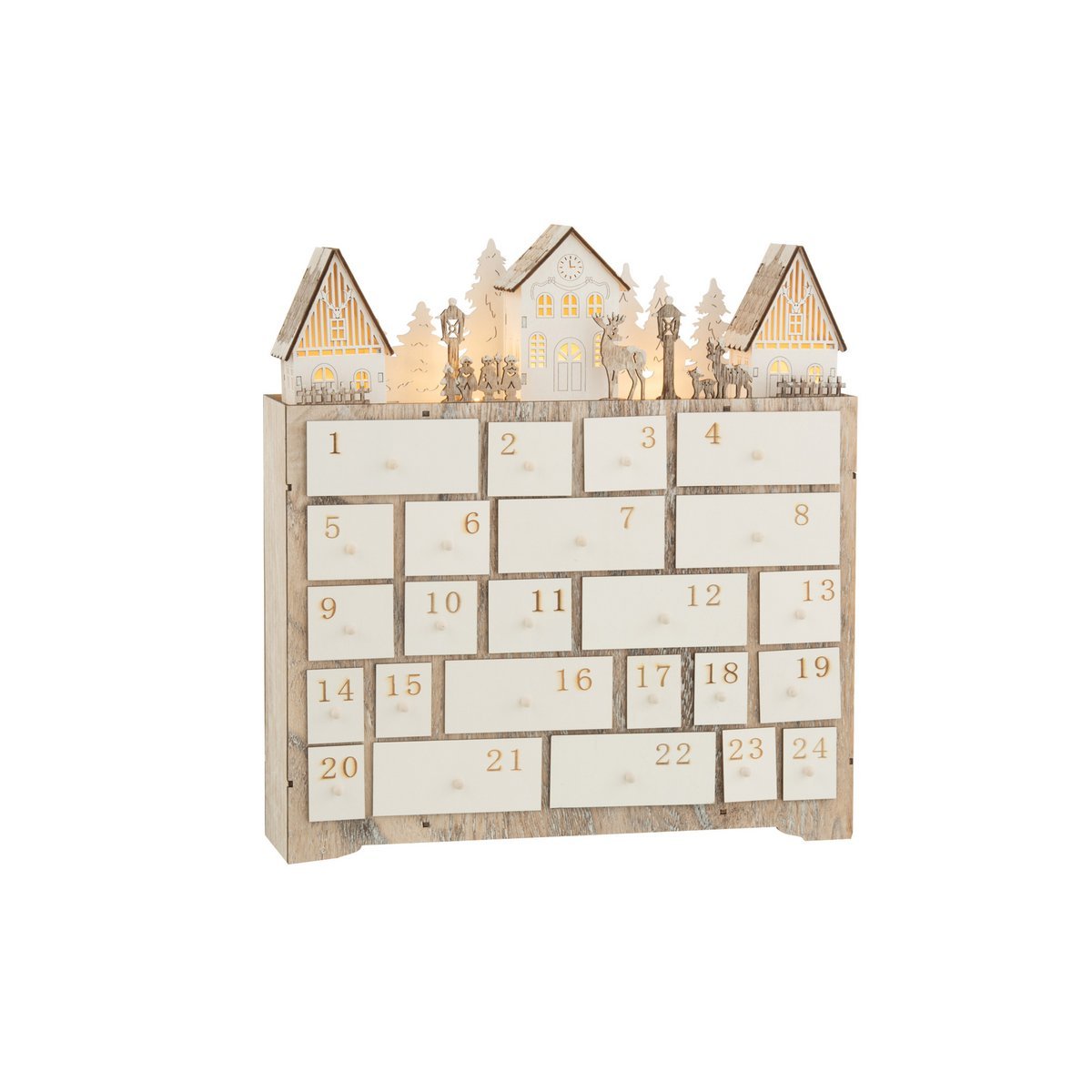 J-Line Adventskalender Weihnachten – Holz – Beige – 40 cm – LED-Leuchten