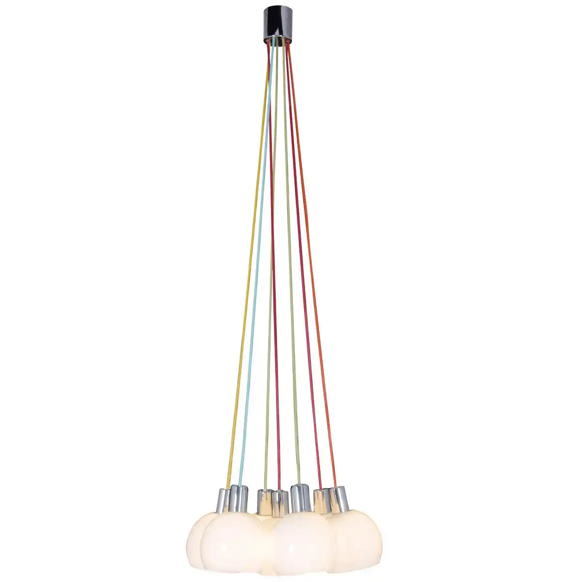 Pendelleuchte "RAINBOW-BOWL" insgesamt 120 cm hoch, 7 Glasschirme Ø 16 cm, aus chromfarbenem Metall, opalweißem Glas und bunten Zuleitungen, E14-Fassungen