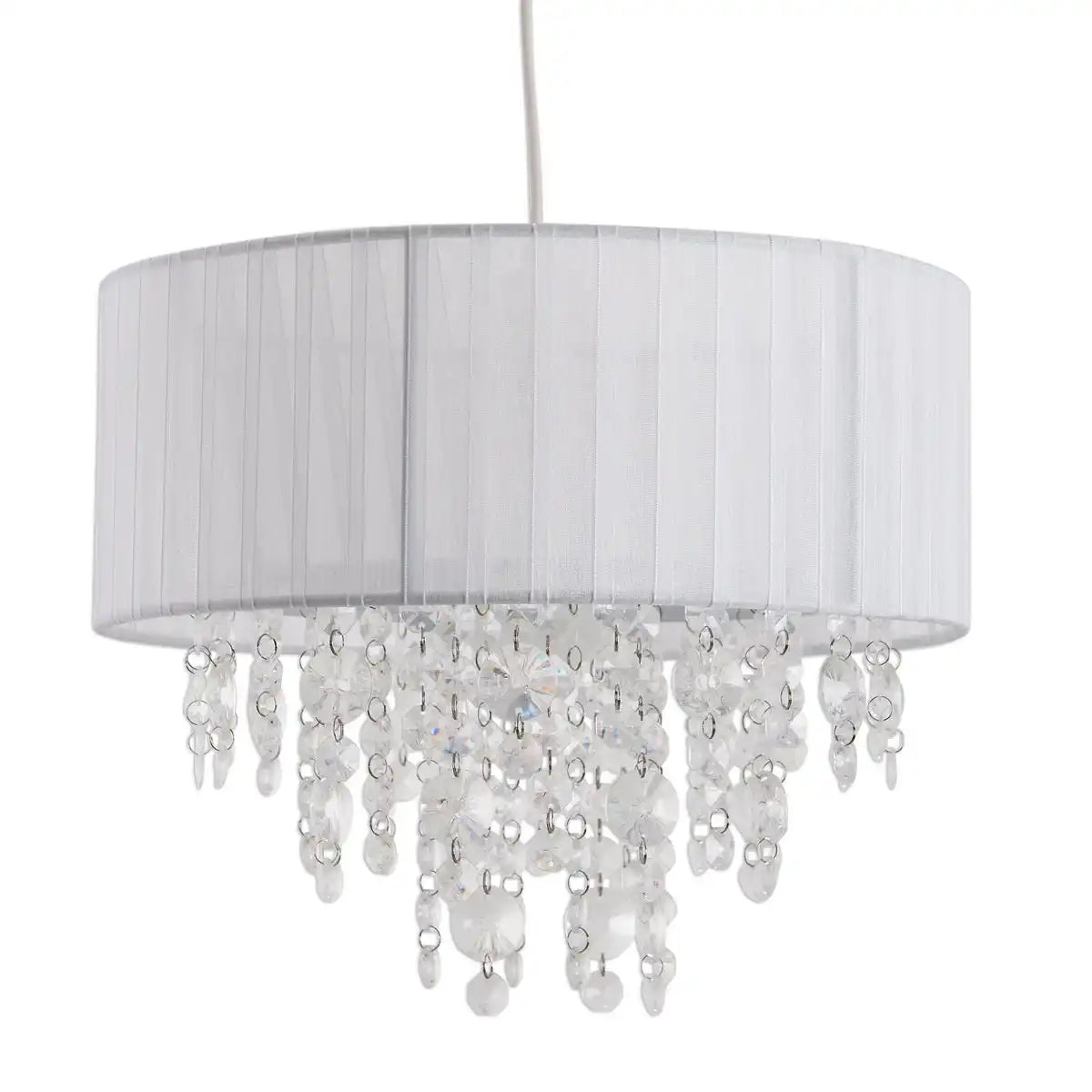 Deko-Pendelleuchte "KRISTALLO", Hängelampe aus Metall, transparentem Kunststoff und weißem Textilmaterial, E27-Fassung, für Esszimmer, Wohnzimmer, Diele oder Büro, 30 cm Durchmesser