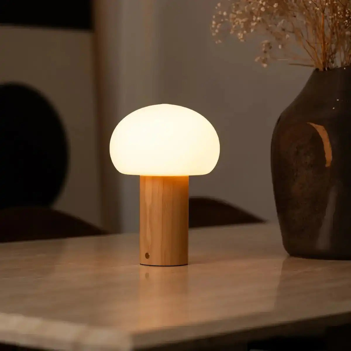 Sam hellbraunes Holztischlampe mit Glas & wiederaufladbarem Akku | Dimmbare und vielseitige Beleuchtung