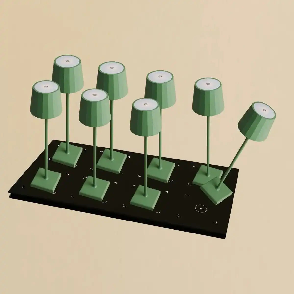 Combi Set Professional-8 x Wouter Sage Green wiederaufladbare Tischlampen und 1 x Zentrale Station Wireless Ladestation mit Qi-Technologie