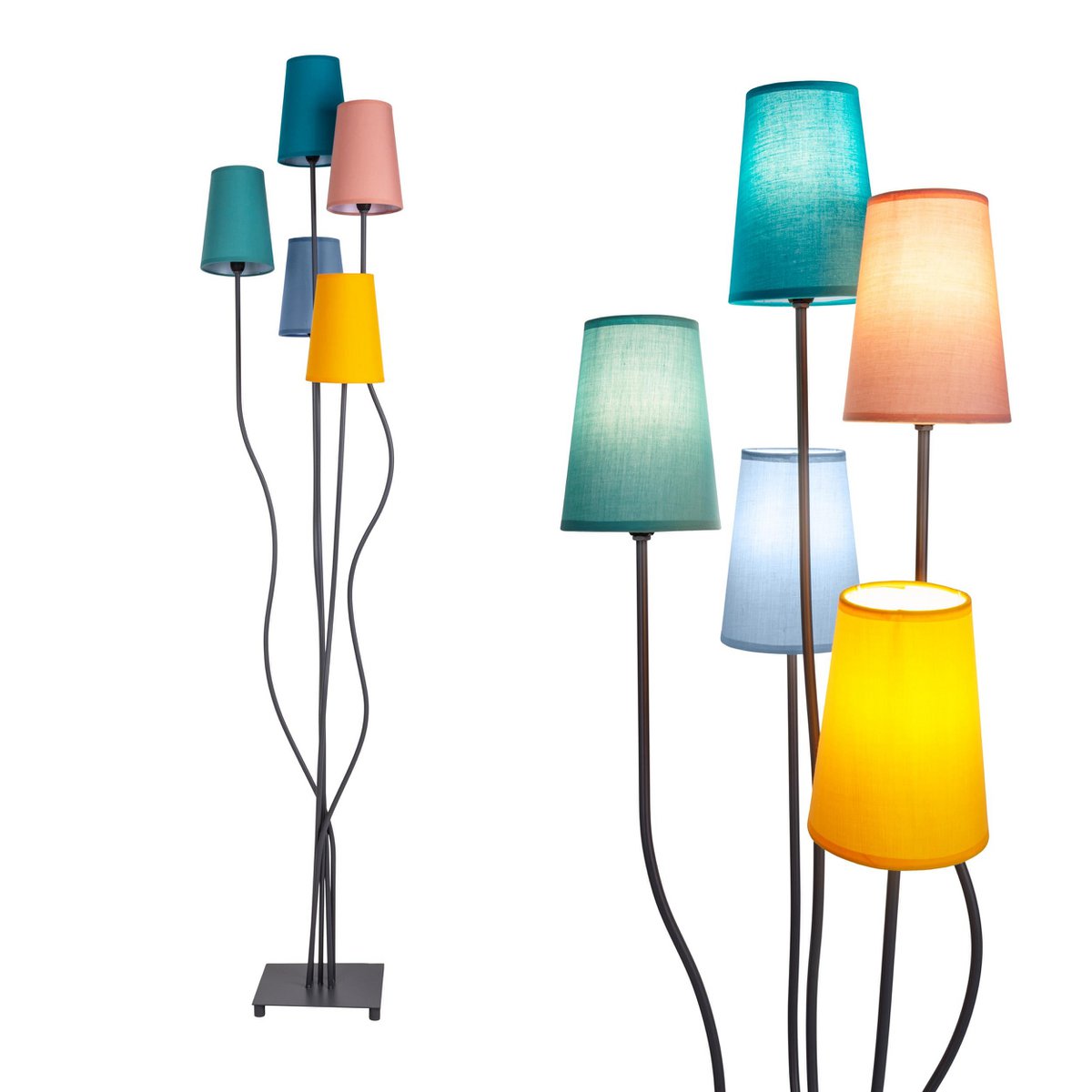 Stehleuchte 5-flammig "COLORA", Stehlampe mit bunten Textilschirmen, 5x E14-Fassung, für Esszimmer, Wohnzimmer, Diele oder Büro, 163 cm hoch