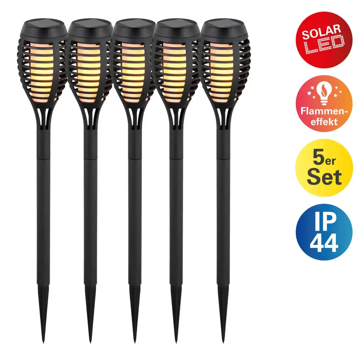 5er Set LED Erdspieß "Fackel" 45 cm aus grauem Kunststoff, mit integrierter LED, Solarleuchte für Außen