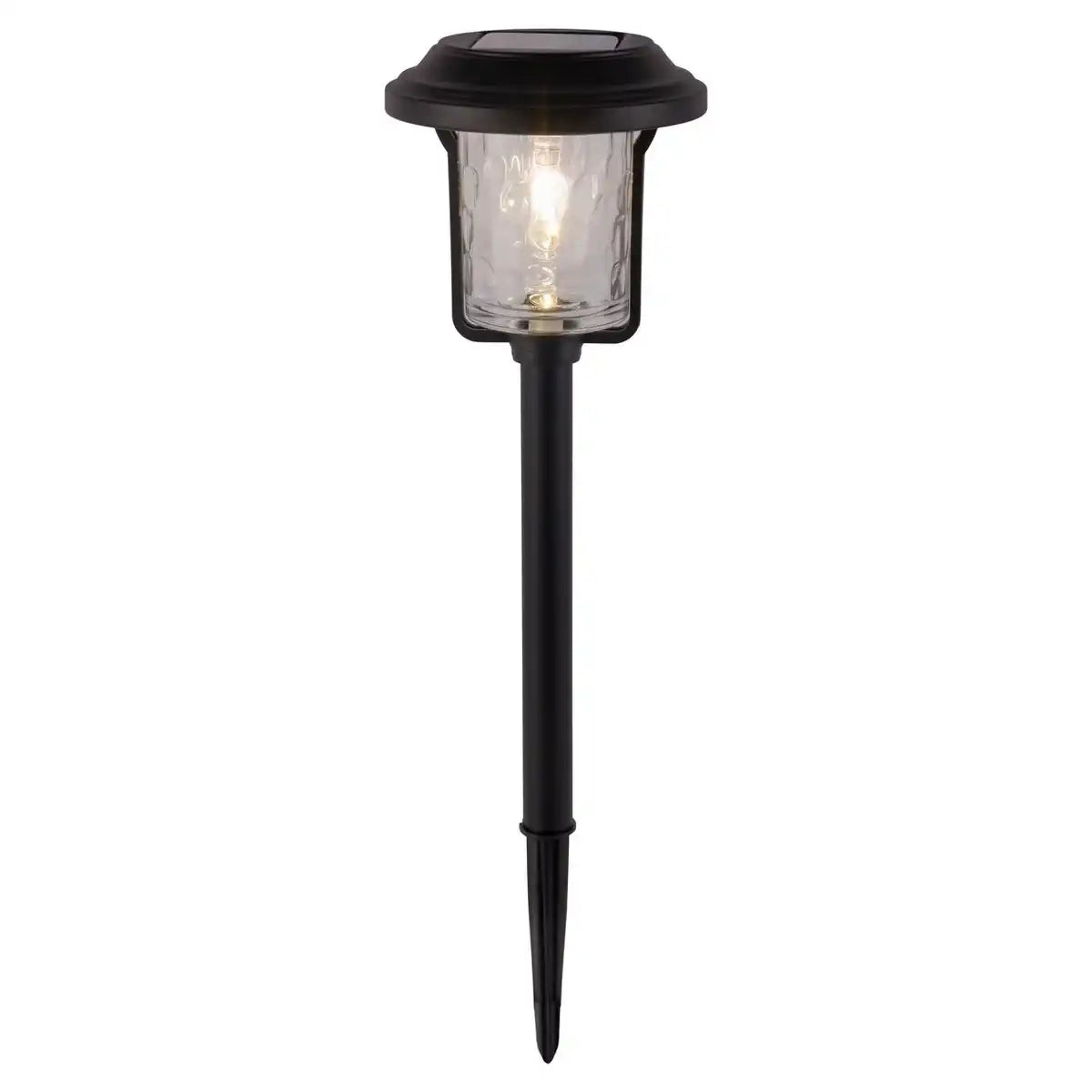 Solar-Deko-Erdspieß "SIMON" 54,7 cm hoch, aus schwarzem Metall und strukturiertem Glas, integrierte LED, warmweiß.