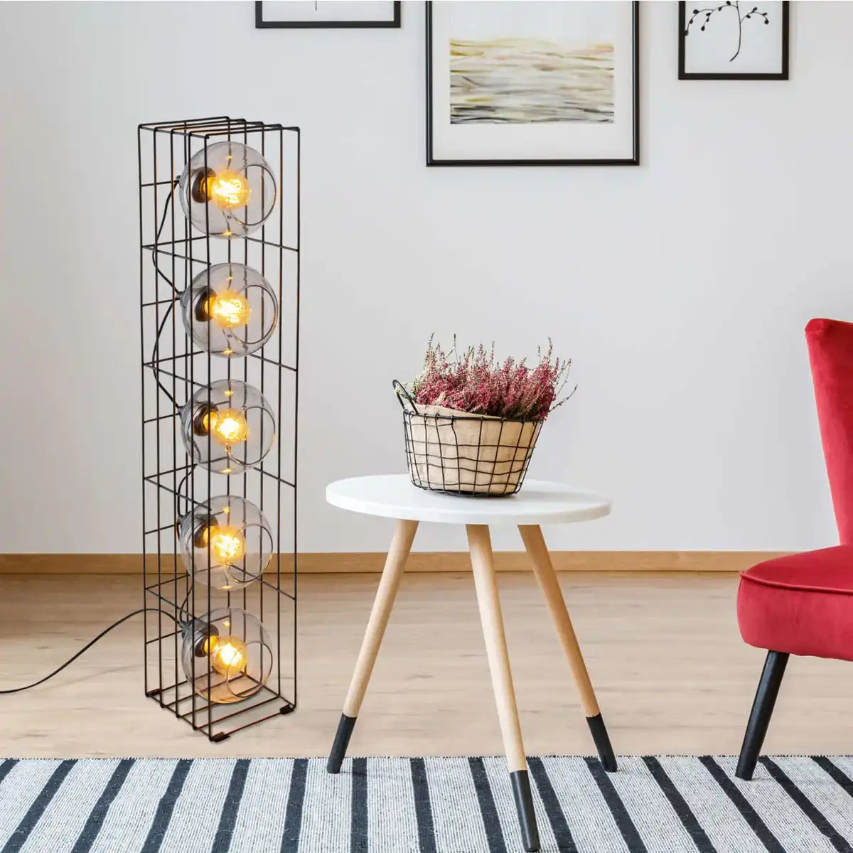 Glas-Stehleuchte "CESTA" Stehlampe aus schwarzem Metalldraht und getöntem Glas, mit E27-Fassung, 95 cm hoch, für Esszimmer, Wohnzimmer, Diele oder Büro,