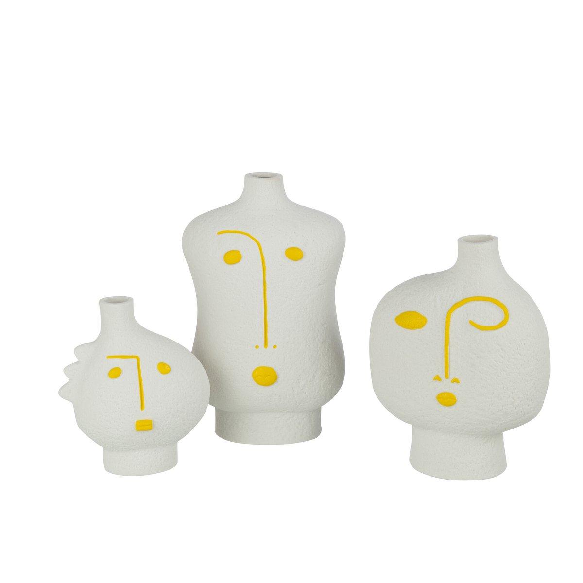 3er Set Porzellan Vasen mit abstraktem Gesicht Weiß