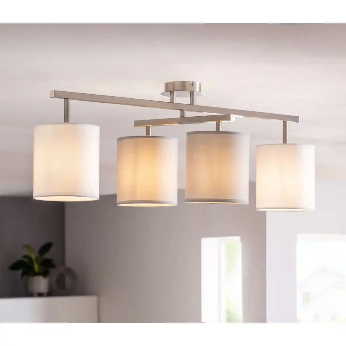 4er Deckenleuchte "TILDE", klassische Deckenlampe aus Metall und Textil in Grau mit E27-Fassung, 82 cm lang, die Schirme sind verstellbar, ideal für Wohnzimmer, Esszimmer und Schlafzimmer