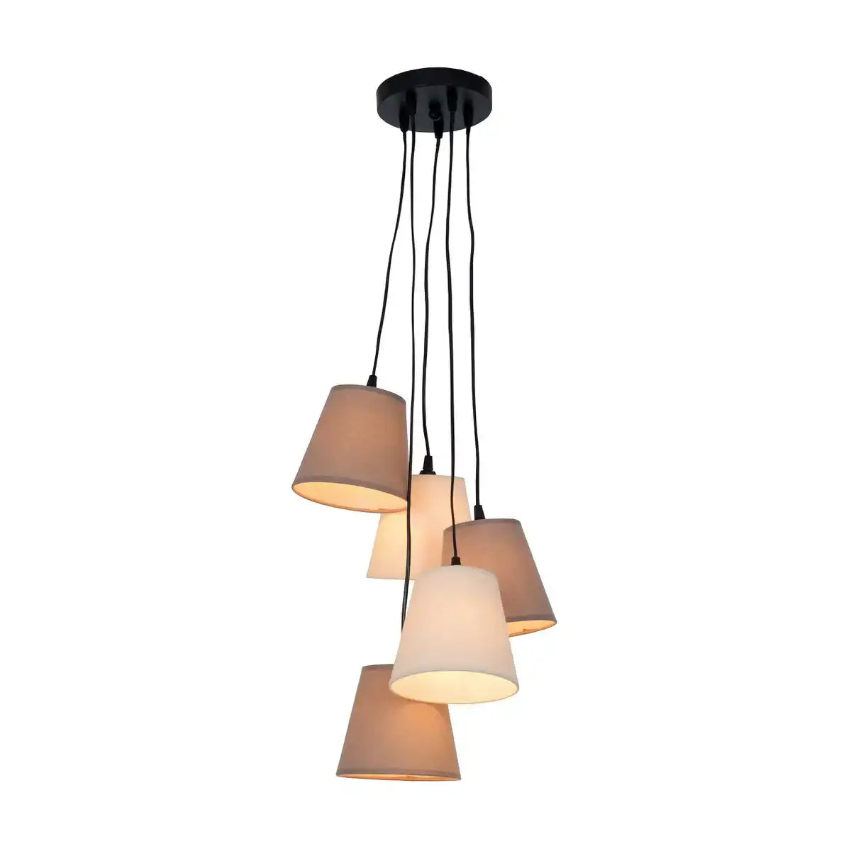 Textilpendelleuchte "BOHO", Junges Wohnen, Hängelampe mit 5 Textilschirmen in Beige und Braun, mit E14-Fassung, für Esszimmer, Wohnzimmer, Diele oder Büro, 95 cm hoch