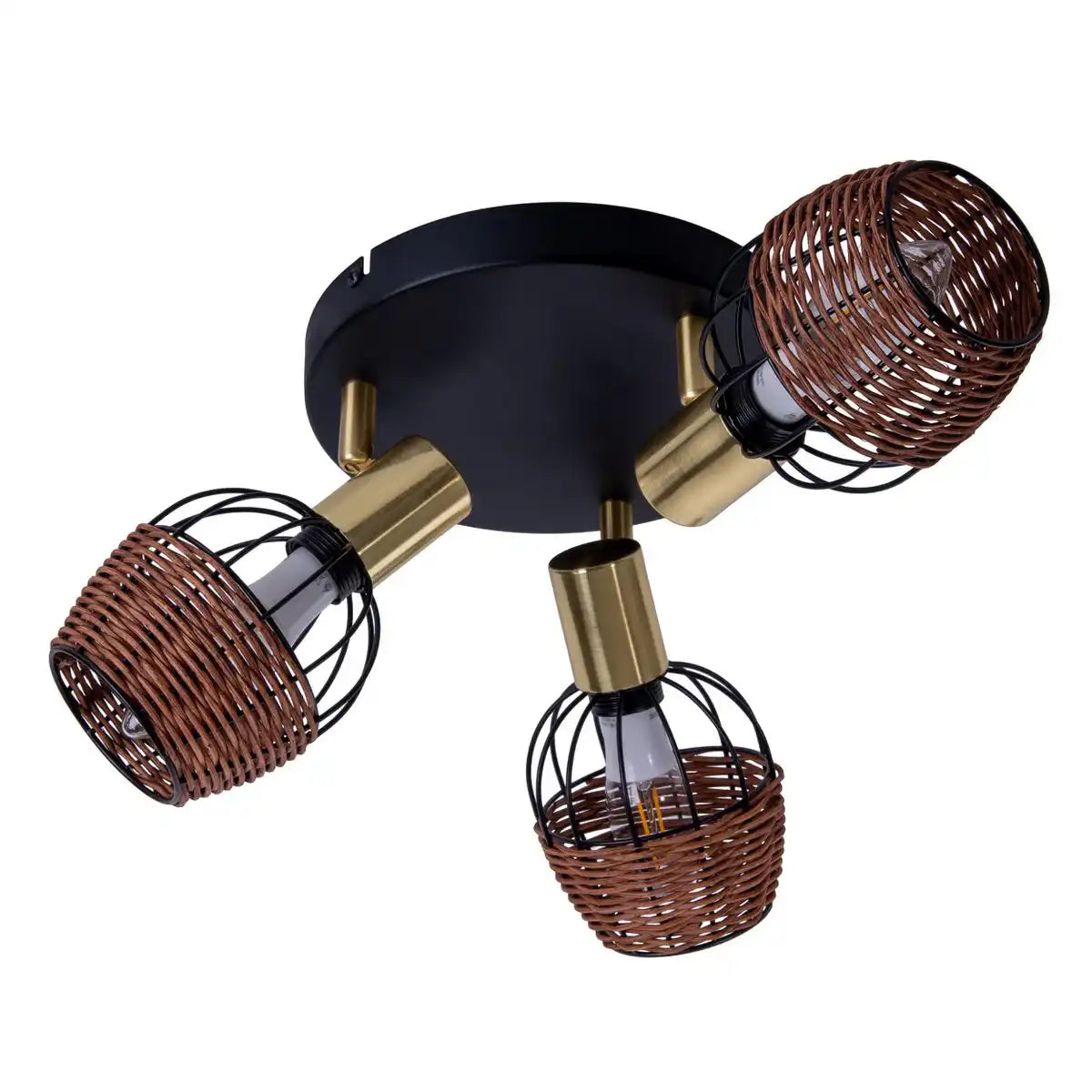 3er Deckenrondell "CORBIS", Spot aus Metall in Schwarz, mit Gold und Rattan, mit E14-Fassung, für Esszimmer, Wohnzimmer, Diele oder Büro, Beleuchtung für Wohnzimmer, Esszimmer oder Büro, 38 cm Durchmesser