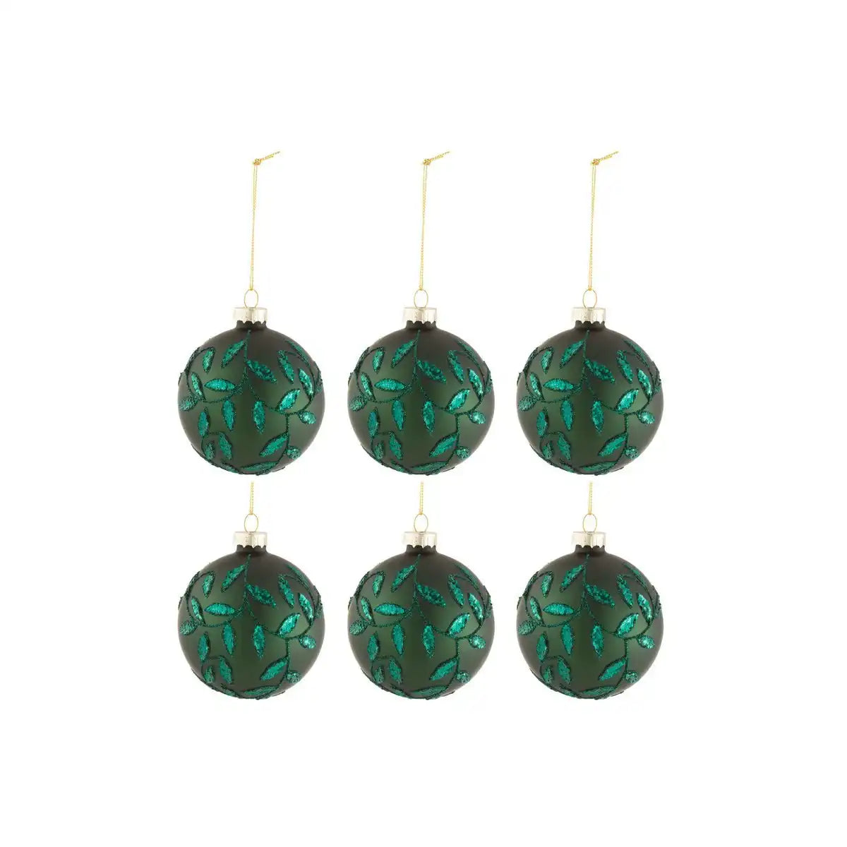 J-Line Box mit 6 Weihnachtskugeln, Blätter, glitzerndes Glas, mattgrün, klein