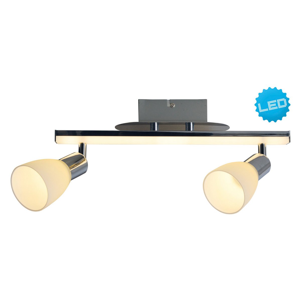 2-er LED Deckenleuchte "Ibiza" ca. 39 cm lang, chromfarbenes Metall, satiniertes, opalfarbenes Glas, integrierte LEDs, warmweiß