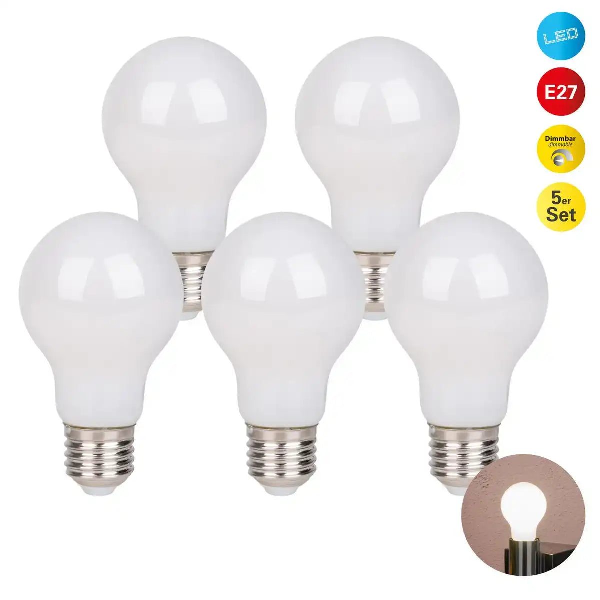 5er-Set LED Leuchtmittel mit E14-Fassung, Birnenform 8 Watt, aus Metall und Glas, milchig