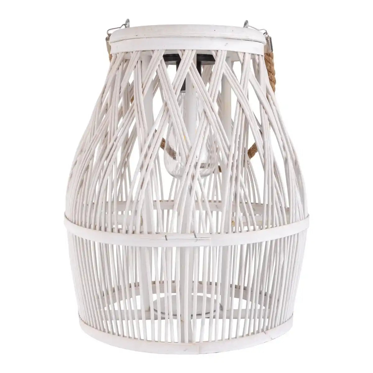 LED Solar-Dekoleuchte "Korbinian" für Garten und Terrasse aus Holz und Rattan in natur, Solar Lampe 34 cm hoch