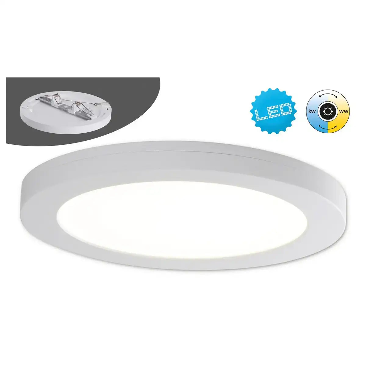 LED Deckenleuchte "BONUS" Ø21,7 cm, Funktionsleuchte Einbau- und Aufbau möglich, Deckenlampe aus Metall und Kunststoff in weiß, mit fest verbauten LEDs, inkl. CCT-Farbwechsler
