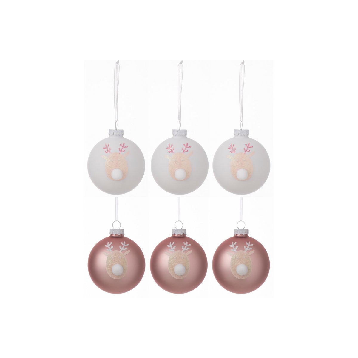 J-Line Rentier-Weihnachtskugel – Glas – hellrosa/weiß – klein – 6er-Box